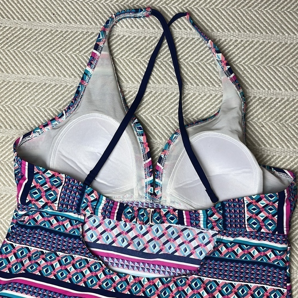 Geometric Patterned Tankini Top With Solid Navy B… - image 3